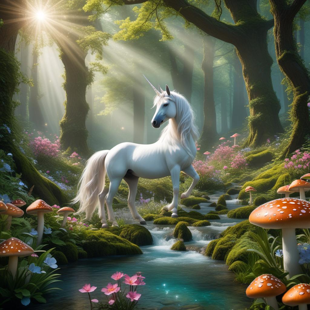  A fantastical forest scene featuring mystical creatures like unicorns, fairies, and glowing plants. The forest is lush with tall, ancient trees, and the ground is covered in vibrant flowers and luminescent mushrooms. The air is filled with sparkling light, and the atmosphere is magical and enchanting. Fairies flutter around, casting tiny spells, while a majestic unicorn stands near a sparkling, crystal-clear stream. hyperrealistic, full body, detailed clothing, highly detailed, cinematic lighting, stunningly beautiful, intricate, sharp focus, f/1. 8, 85mm, (centered image composition), (professionally color graded), ((bright soft diffused light)), volumetric fog, trending on instagram, trending on tumblr, HDR 4K, 8K