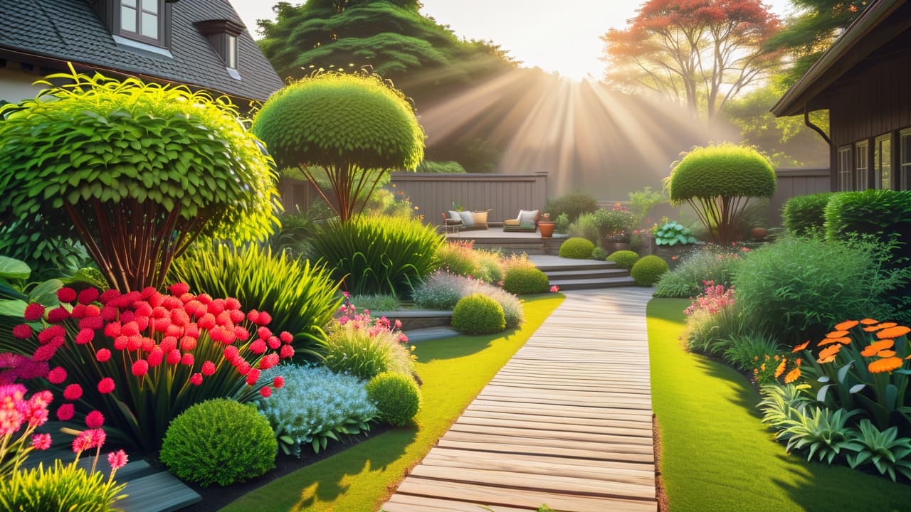  a serene garden layout with diverse plants, a winding path, garden tools, sketches of design plans, a small water feature, and colorful flowers, all set in a sunlit, tranquil outdoor space. hyperrealistic, full body, detailed clothing, highly detailed, cinematic lighting, stunningly beautiful, intricate, sharp focus, f/1. 8, 85mm, (centered image composition), (professionally color graded), ((bright soft diffused light)), volumetric fog, trending on instagram, trending on tumblr, HDR 4K, 8K