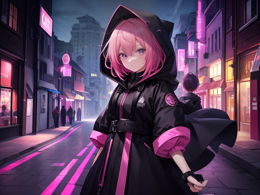  hooded, night town, hair color pink, male, short hair, cool, masterpiece, best quality,8k,ultra detailed,high resolution,an extremely delicate and beautiful,hyper detail