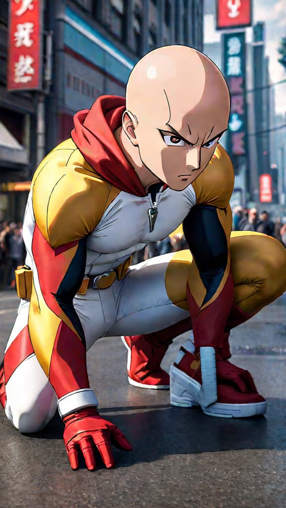  create an anime art showing saitama's mysterious past hinting at a hidden identity. hyperrealistic, full body, detailed clothing, highly detailed, cinematic lighting, stunningly beautiful, intricate, sharp focus, f/1. 8, 85mm, (centered image composition), (professionally color graded), ((bright soft diffused light)), volumetric fog, trending on instagram, trending on tumblr, HDR 4K, 8K