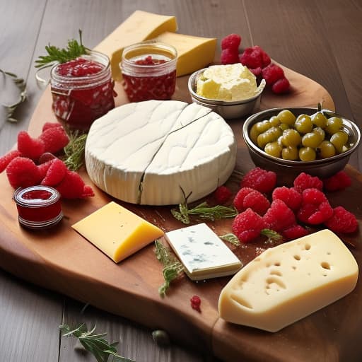  a beautiful composition of several types of cheese on the table, as well as honey and raspberry jam, several raspberries and olives