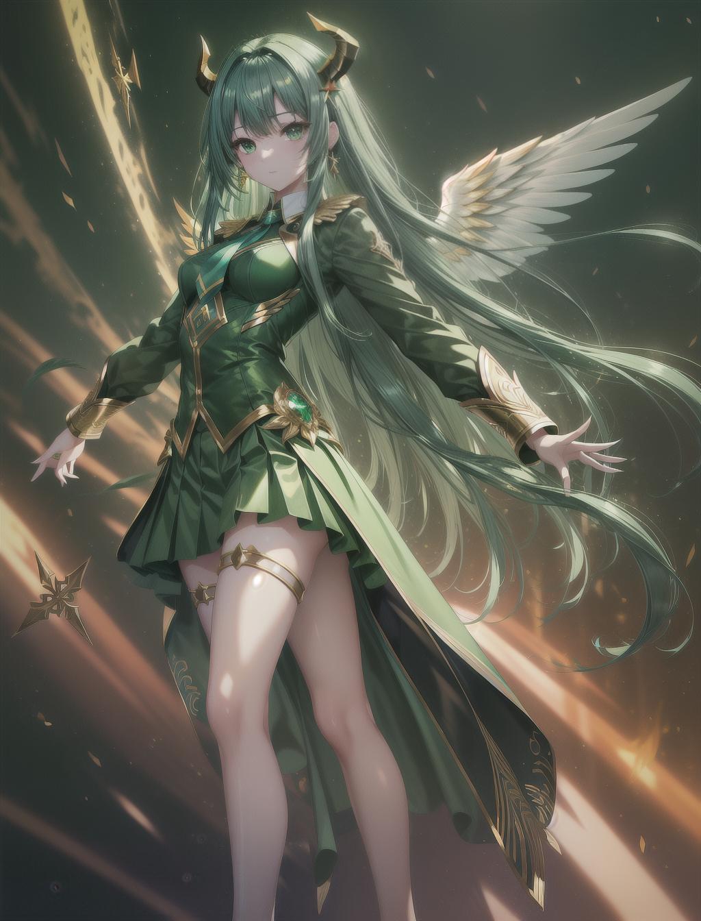  masterpiece, best quality, solo, thin, elegant, sharp features, long fingers resembling claws, cold green eyes, light green tied long hair, adorned with golden pins, thigh high heels, skirt, demon wings, tattoos, gold accessories