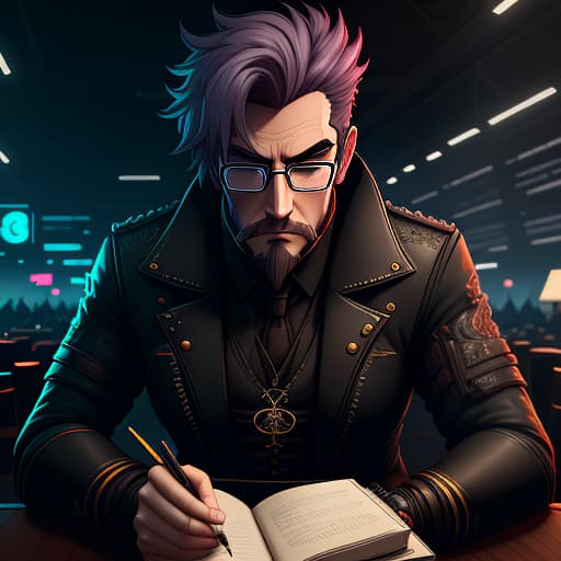 A restaurant critic for a magazine, a Russian man, is writing in a notebook in an airport., Indie game art, (Vector Art, Borderlands style, Arcane style, Cartoon style), Line art, Disctinct features, Hand drawn, Technical illustration, Graphic design, Vector graphics, High contrast, Precision artwork, Linear compositions, Scalable artwork, Digital art, cinematic sensual, Sharp focus, humorous illustration, big depth of field, Masterpiece, trending on artstation, Vivid colors, trending on ArtStation, trending on CGSociety, Intricate, Low Detail, dramatic hyperrealistic, full body, detailed clothing, highly detailed, cinematic lighting, stunningly beautiful, intricate, sharp focus, f/1. 8, 85mm, (centered image composition), (professionally color graded), ((bright soft diffused light)), volumetric fog, trending on instagram, trending on tumblr, HDR 4K, 8K