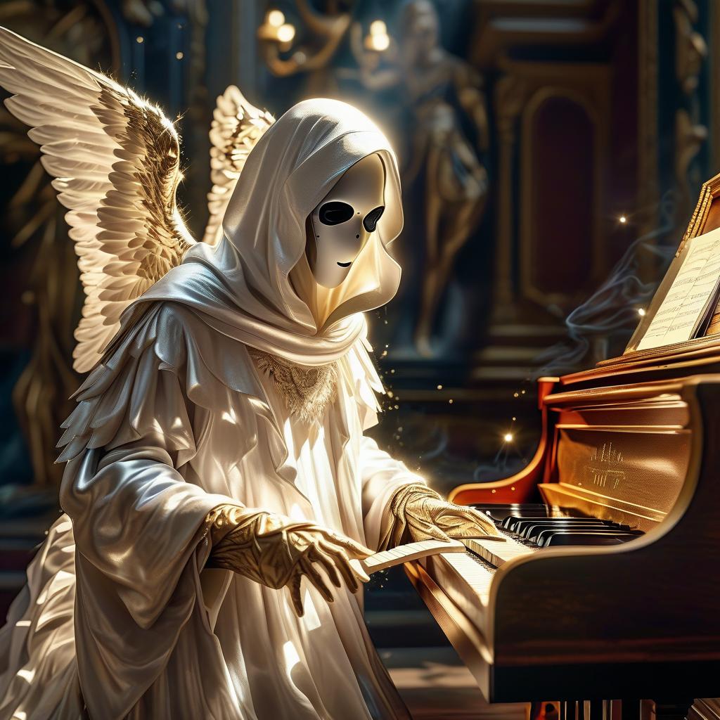  hyperrealistic art angel in white hood with no face in black sun protective glasses with white large wings plays the piano . extremely high resolution details, photographic, realism pushed to extreme, fine texture, incredibly lifelike, hkmagic, glowneon