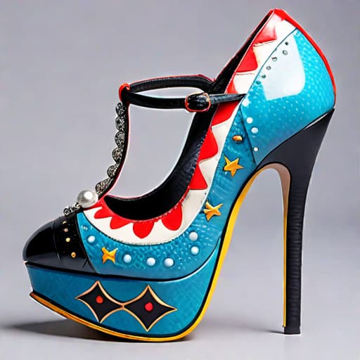  Create a photorealistic digital illustration of a whimsical design women’s shoe with balanced parts, ornate soles, 8 centimetre height platform heel, and covered in soft, luxurious textured materials. The art style should blend elements of Irregular Choice, Tim Burton and Osamu Tezuka hyperrealistic, full body, detailed clothing, highly detailed, cinematic lighting, stunningly beautiful, intricate, sharp focus, f/1. 8, 85mm, (centered image composition), (professionally color graded), ((bright soft diffused light)), volumetric fog, trending on instagram, trending on tumblr, HDR 4K, 8K