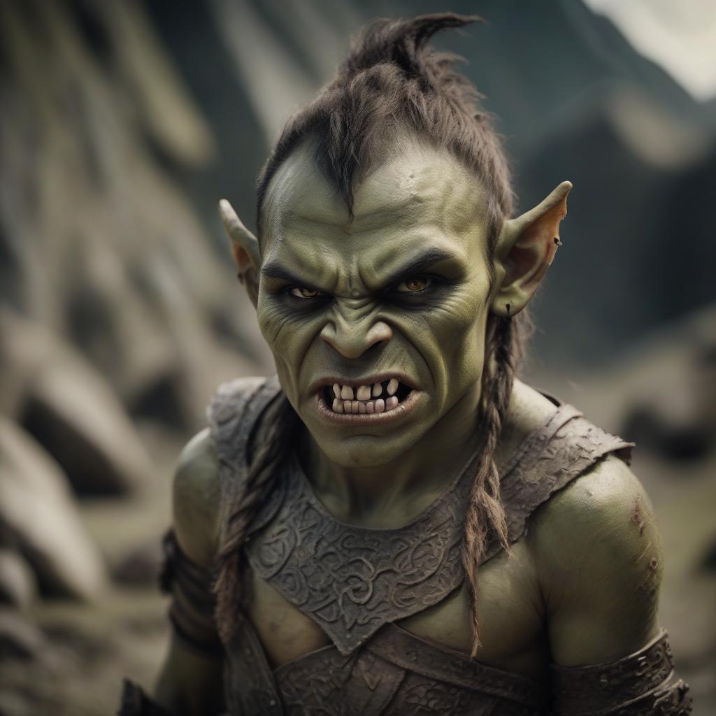  cinematic film still young orc. thin, bronze skin, fangs. brown eyes, good natured . shallow depth of field, vignette, highly detailed, high budget, bokeh, cinemascope, moody, epic, gorgeous, film grain, grainy