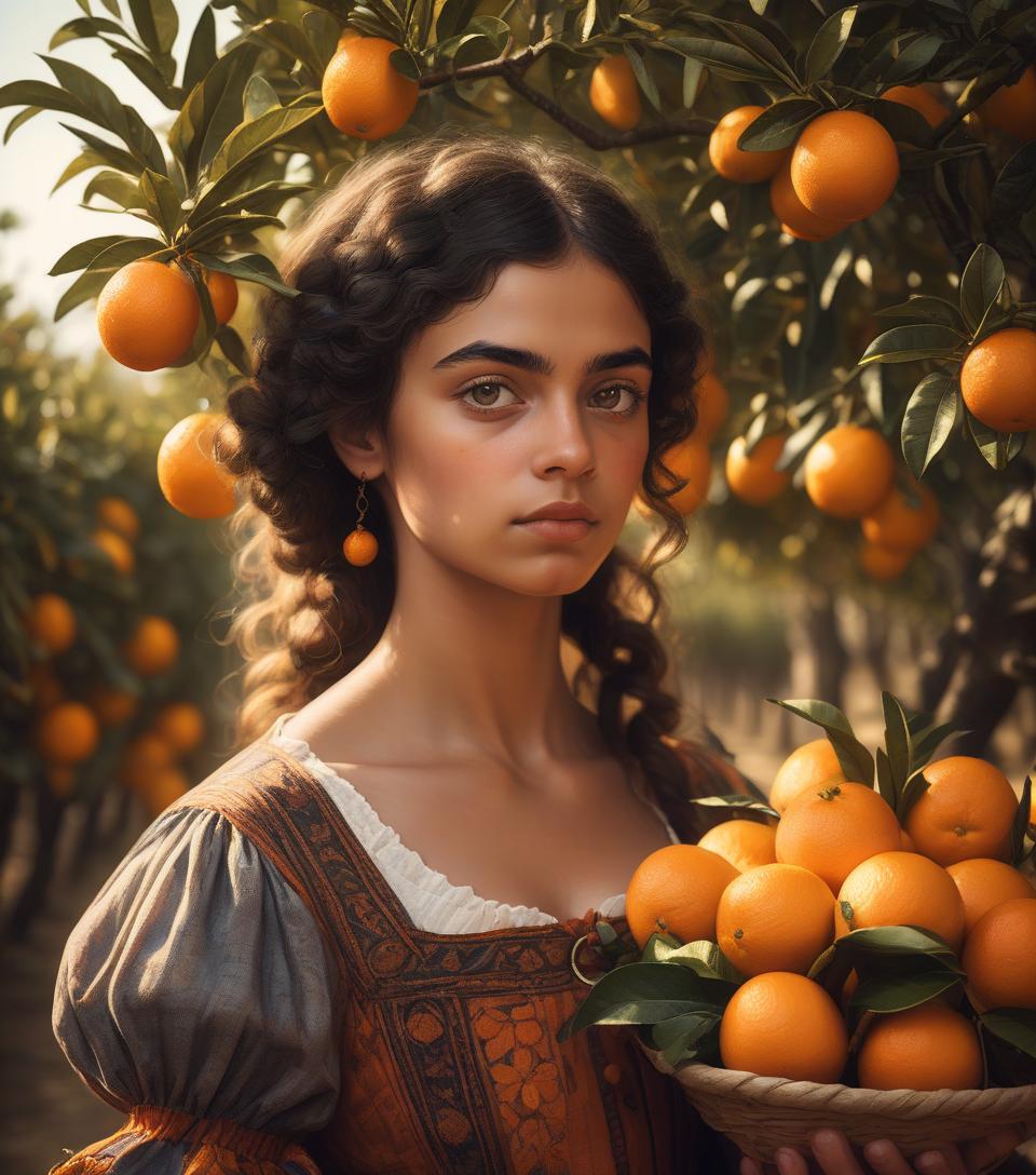  portrait of a young, dark and beautiful italian girl growing oranges from sicily in 17th century italian folk peasant clothing, dramatic lighting, depth of field, orange trees in the background. oranges should have a beautiful, even structure. incredibly high detail holding fresh oranges in hand