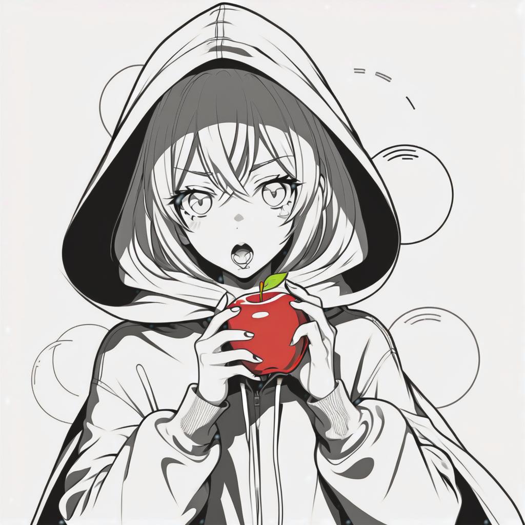  line art drawing girl in hood eat apple, same nightmare. anime style . professional, sleek, modern, minimalist, graphic, line art, vector graphics