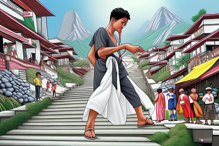  Can you pls create a caricature that depicts the various negative or positive facts associated with globalization among regions in the Philippines. It should be a stair stepped by a policy make but instead of a real stair, it should be people’s back carrying the burden of inequality, poverty, minimum wage earners and farmers. The policy make should be seen like he is reaching for its highest peak which is the Globalization. The background should be like buildings