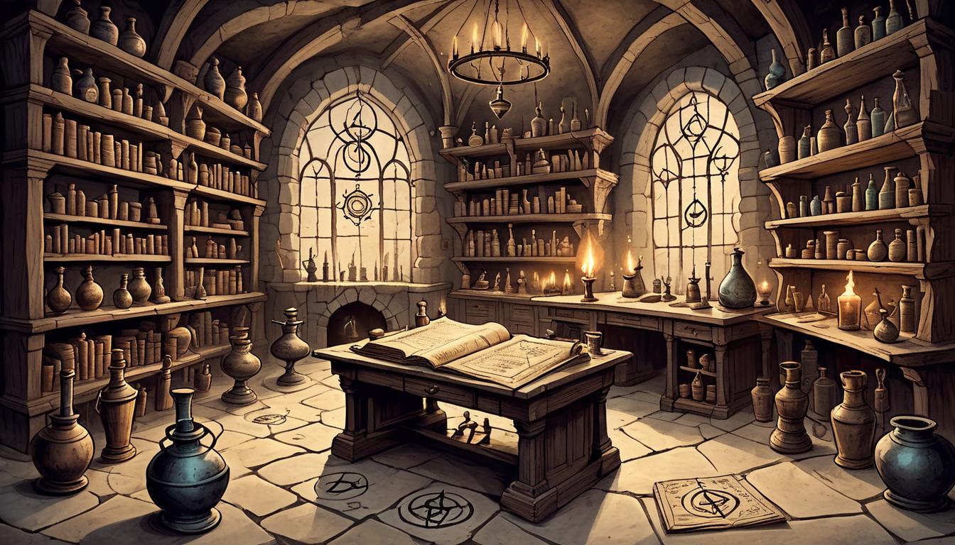  on parchment, surrealism+++, alchemist's lab with bubbling potions, shelves lined with ancient tomes, pentagrams drawn on the floor, arcane energy(mysterious, provocative, symbolic,muted color)+++