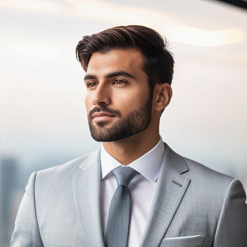  create a professional linkedin profile photo of a young adult with a clean, confident look. the subject should be wearing business attire, such as a tailored suit or smart casual outfit, and have a friendly, approachable expression. the background should be a simple, neutral color or a blurred office environment to keep the focus on the subject. ensure proper lighting to highlight facial features and maintain a clear, high resolution image suitable for a linkedin profile." hyperrealistic, full body, detailed clothing, highly detailed, cinematic lighting, stunningly beautiful, intricate, sharp focus, f/1. 8, 85mm, (centered image composition), (professionally color graded), ((bright soft diffused light)), volumetric fog, trending on instagram, trending on tumblr, HDR 4K, 8K