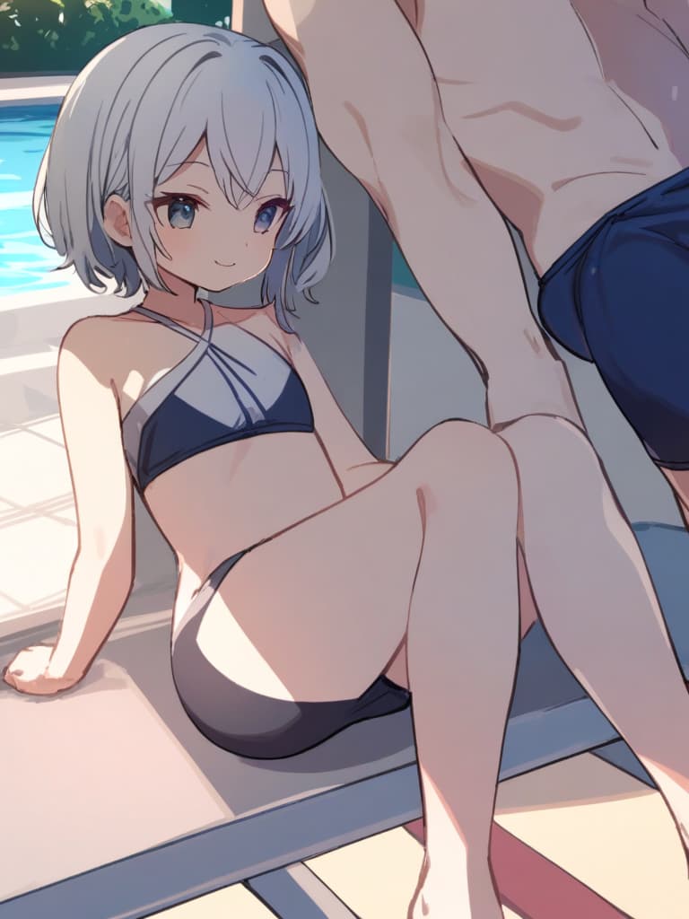  women's elementary students (male), twin tails, cute smiles, (rich s), low stature, dark blue swimwear, old swimwear, , simple (upward), male , (bulge), shaped clear , front , whole body, pool side,