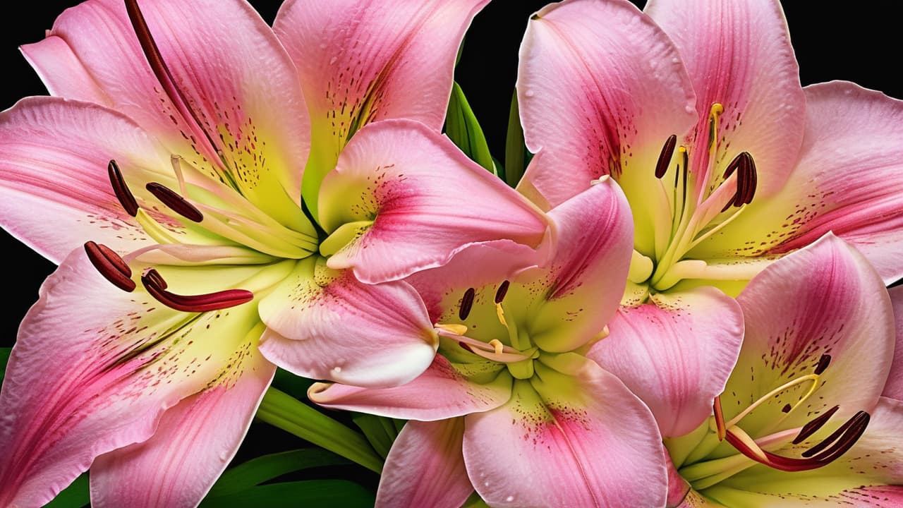  macro photography, the images features individual pink lilies and leaves, each illustrated with fine detail, highlighting their unique textures and curvature. the flowers and leaves vary. each plant carries its own distinct form, emphasizing their organic and fluid shapes., close up, macro 100mm, macro photography