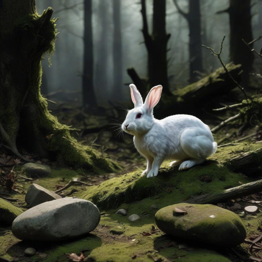  a small white rabbit makes its way through a dark forest. moss grows around, and stones are scattered. the moon is in the sky, and moonlight filters through the trees, falling on the rabbit.