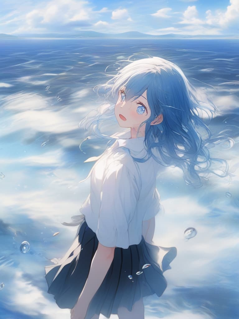  white shirt, blue haired short, black skirt, blue eyes, girls, above water, under the blue sky, small white corners, girls, crying alone, masterpiece, best quality,8k,ultra detailed,high resolution,an extremely delicate and beautiful,hyper detail