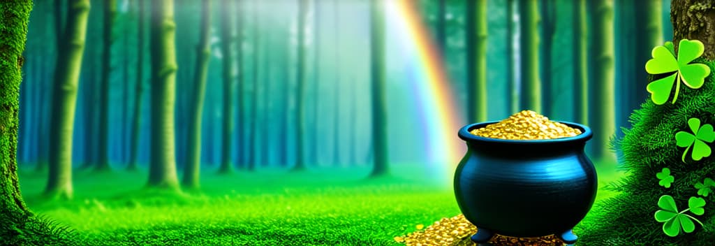  professional detailed photography, st. patrick's day banner, pot of gold on a green forest background, fairy magic, rainbow, free space for text ar 3:1, (muted colors, dim colors, soothing tones), (vsco:0.3)