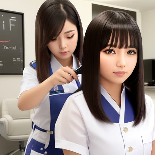  Beauty salon haircut Girl with scissors cutting long hair Girl in uniform