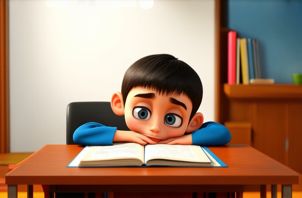  big head, big eyes, caricature, a caricature, rendering, (figurativism:0.8), a school age child sits at a desk doing his homework, gets tired and falls asleep, resting his head on the desk and closing his eyes. , epic realistic, pixar style, disney, (cycles render:1.3), caustics, (glossy:0.58), (artstation:0.2), cute