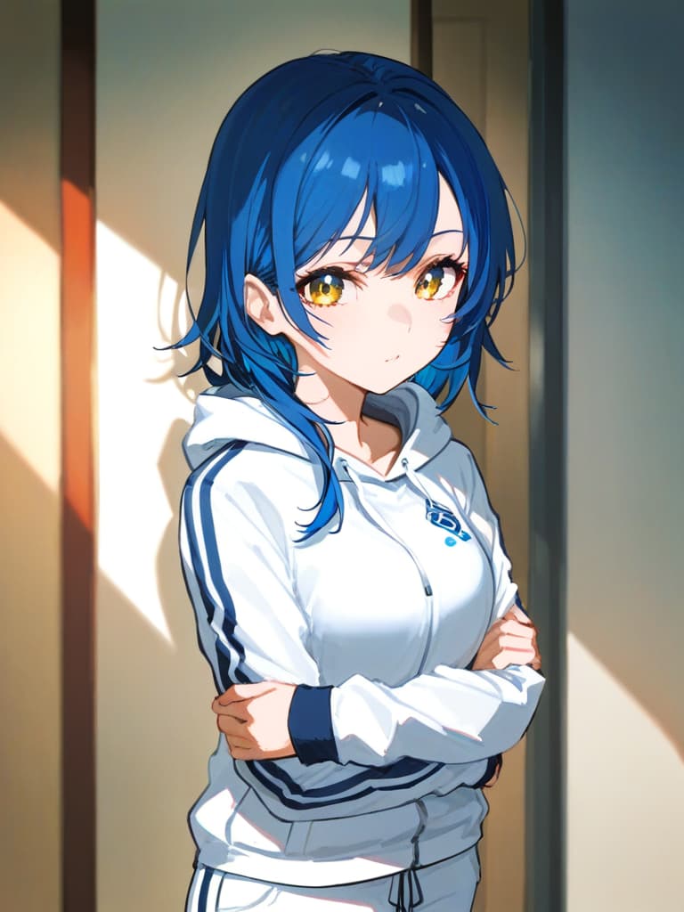  serizawa kasumi,super real mahjong p3,blue hair,medium long hair,blue clothes,white hoodie jacket,white shoot pants