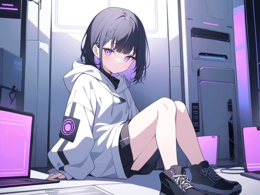  a modern,urban scene featuring a cool,laid back girl with long black hair,wearing a stylish beanie and an oversized hoodie. she's sitting on the ground in a dimly lit alley,surrounded by music equipment like an electric guitar in its case and a laptop with audio software open. the atmosphere is cyberpunk inspired,with blue and purple neon lights casting reflections on the metallic surfaces. the girl has a relaxed,slightly tired expression,her head tilted as she gazes forward. the background features a closed metal gate and various electronic devices scattered around,enhancing the techy,futuristic vibe.