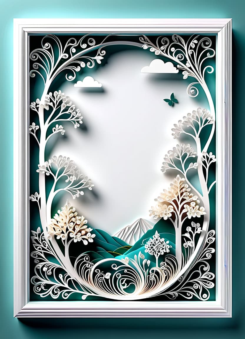  paper quilling art of ((transparent frame in the form of silhouettes seven large plan 1.5)). ((((inside the transparent silhouette 1, 7))) : dawn, white cumulus clouds, crowns of trees in bloom, spring, love, romantic1,5))). (style):romantic fantasy art, advertising, poster, art design . intricate, delicate, curling, rolling, shaping, coiling, loops, 3d, dimensional, ornamental, hkmagic hyperrealistic, full body, detailed clothing, highly detailed, cinematic lighting, stunningly beautiful, intricate, sharp focus, f/1. 8, 85mm, (centered image composition), (professionally color graded), ((bright soft diffused light)), volumetric fog, trending on instagram, trending on tumblr, HDR 4K, 8K