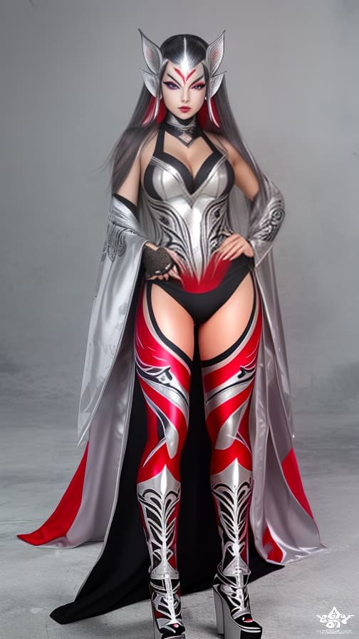  Full body red and silver flame pattern body paint,silver body paint on the whole body,grey face paint on the face, Dark elf, full body image 女性