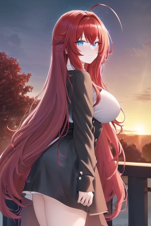  ,masterpiece, best quality, 1women, long red hair, looking at viewer, :3, cute, black uniform, outdoors, streets, cow shot, curvy, (((blue eyes))), rias gremory, red hair, antenna hair, wavy hair, ((beautiful detailed eyes, beautiful detailed glow, lots of glow)), anime screencap,sunset, sunset behind her, sunset background, masterpiece, best quality, high quality, solo