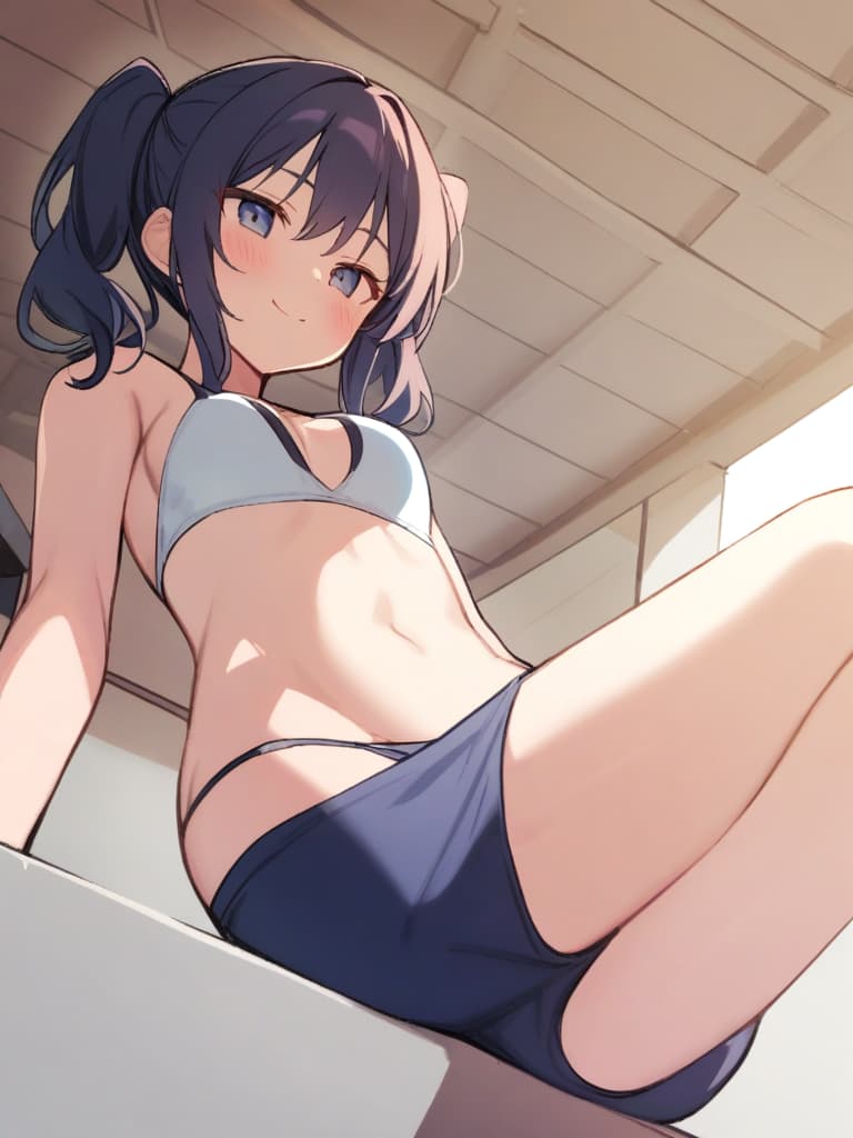  women's elementary students (male), twin tails, cute smiles, (rich s), low stature, dark blue swimwear, old swimwear, , simple (upward), male , (bulge), shaped clear , front , whole body, pool side,