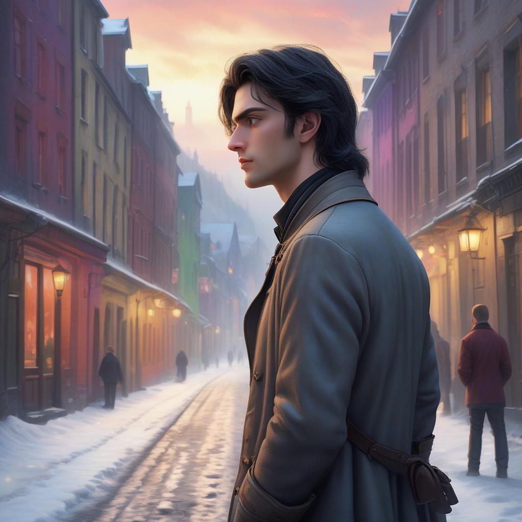  hyperrealistic art a young guy, handsome, with black unruly hair and gray eyes, in simple clothes, stands with his back to the viewer, looks at the northern city full of bright colors and lights, the atmosphere of the 18th century, hyperrealism, the atmosphere of mystery, bright colors, the atmosphere of the north, earlier in the morning, snow and mountains around . extremely high resolution details, photographic, realism pushed to extreme, fine texture, incredibly lifelike