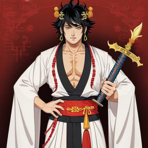  Fudo Myoo wears a vestment with his chest bare and the lower half of his body covered with a kimono, his long curly permed head with beaded ornaments, a long, long sword in his right hand, a five-colored cord in his left hand, and fangs protruding from his closed mouth with an expression of indignation. He is a cool guy. male, retro.