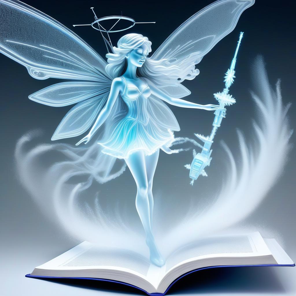  line art drawing highly detailed translucent snow fairy with wings of snow (holding a toy radio controlled helicopter:1.3), blizzard appear from the pages of a fairy tale book, translucent snow blizzard magic snow fairy reaching out of a 3d sculptured book; the souls escaping from book, motion blur action side profile shot of spirit tepping out of book, astrodimensional iridescent spirit of the light, disintegrating into starlight and holographic particulate trails of wispy snow by alberto seveso by giger liquid snow effects in wind :: wind blowing left 3d shading; pulsing with an inner light; clear and sparkling, smooth, flowing, shimmer; 16k resolution, hyperdetailed, intricate beautiful details . professional, sleek, modern, minimalist, 