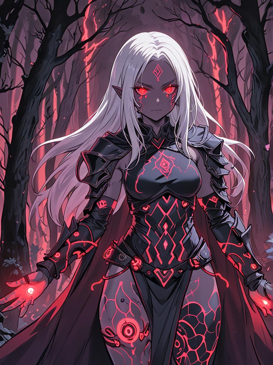  manga artwork an anime photo of a female sorceress wearing a mix of matte black metal with armor of iridescent synthetic cloths. the woman has long white hair, luminescent red eyes, gray skin, and luminescent red scars on her face. the figure is wrapped in a dark garment engraved with runes, woven with luminescent threads that pulsate with a dark red hue. below the garment, visible on the figure's neck and hands, are circuit shaped tattoos that pulsate with electric red energy, integrating seamlessly into the high tech design. the background of the photo is a dark, misty forest at night, with tall, gnarled trees and bioluminescent plants casting a mysterious light. the figure is a sentinel, exuding an aura of dark wisdom and arcane power, i