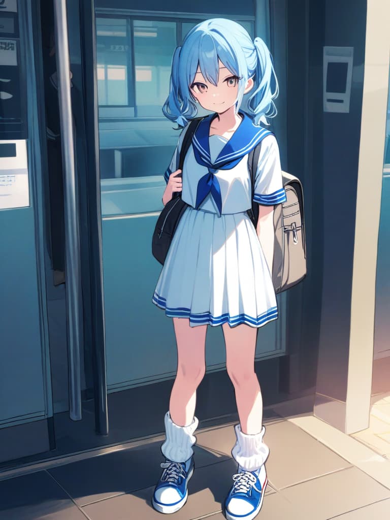   s, uniforms, sailor uniforms, mini s, light blue hair twin tails, cute smiles, backpacks, ultra long loose socks, bottom sneakers, stations, stations,