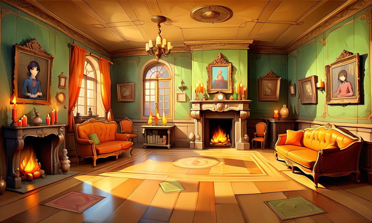  kawaii style furnished room of the family castle, the floor is parquet, on the walls of the room paintings in expensive frames, paintings in oil paint, walls of stone, the ceiling is painted with painting, in the background one fireplace, few candles in candelabra illuminate the room, the room is illuminated only by candles and fireplace, in the room is twilight, in the room there are no windows, shadows, reflections in the parquet . cute, adorable, brightly colored, cheerful, anime influence, highly detailed, on parchment, oil painting