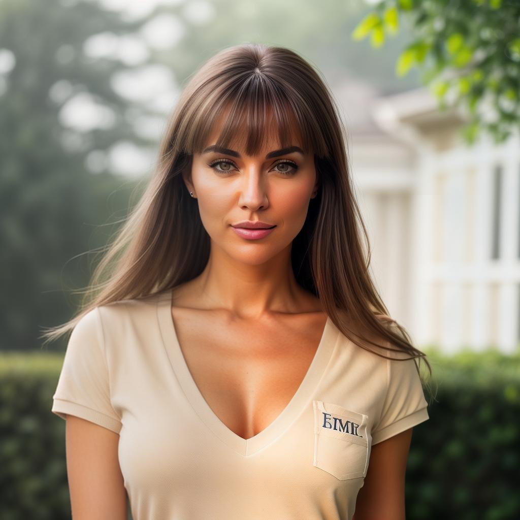  (((realistic full torso frontal head shot of a light beige to medium tan skin tone woman))), liselotte jane winkler, ((caucasian heritage)), immature face, brown eye color, ((bangs hair style)), (( hair color)), (( body type)), small size, big size, (immature flat nose), (immature defined cheekbones), (immature angular jawline), (immature full lips), (immature wide forehead), (immature even eyebrows), (immature dimpled chin), standing straight looking directly into the camera,((wearing fitted polo shirt with deep v neck and monogrammed pocket)), backyard in background, 1, best quality, highest quality, award winning photo, masterpiece, raw, professional photography, photorealism, sharp focus, cinematic, hi hyperrealistic, full body, detailed clothing, highly detailed, cinematic lighting, stunningly beautiful, intricate, sharp focus, f/1. 8, 85mm, (centered image composition), (professionally color graded), ((bright soft diffused light)), volumetric fog, trending on instagram, trending on tumblr, HDR 4K, 8K