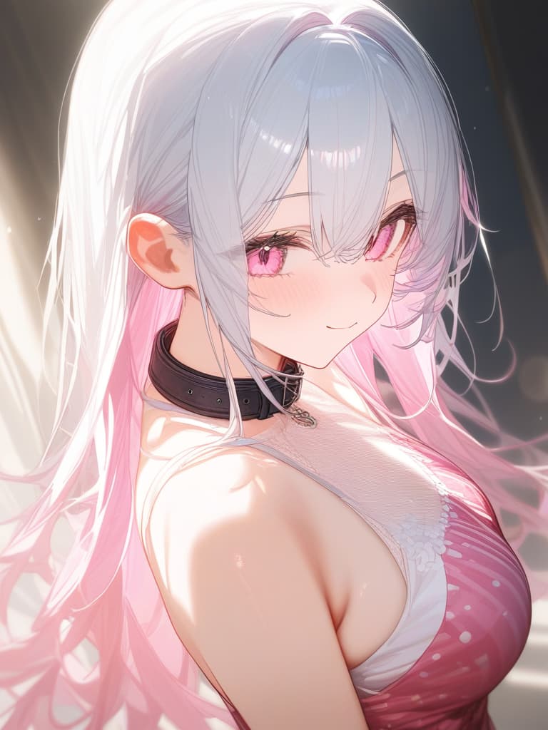  girls, white hair, pink, pink gradation hair color, cute face, pink eyes, straight hair, thin body, red polka dot dress, black collar, masterpiece, best quality,8k,ultra detailed,high resolution,an extremely delicate and beautiful,hyper detail