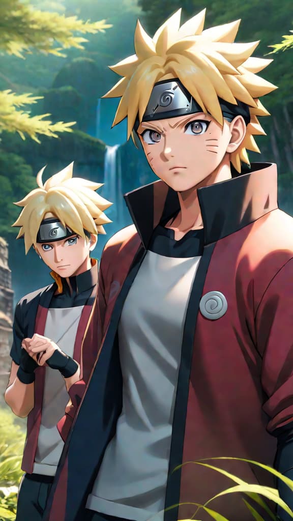  boruto naruto next generations boruto looks confused trying to explain to young naruto and jiraiya in hidden leaf village anime art hyperrealistic, full body, detailed clothing, highly detailed, cinematic lighting, stunningly beautiful, intricate, sharp focus, f/1. 8, 85mm, (centered image composition), (professionally color graded), ((bright soft diffused light)), volumetric fog, trending on instagram, trending on tumblr, HDR 4K, 8K