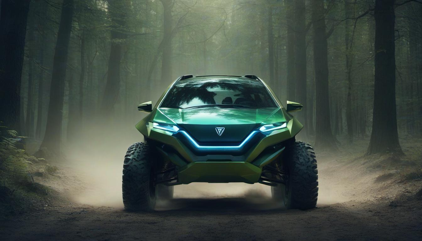  futuristic prospectus, concept of a compact sports off road minivan, armored hull, vpam7, large off road wheels, color green and blue chameleon, front view