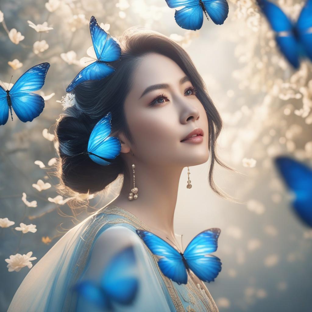  masterpiece, best quality, (Fidelity: 1.4), Best Quality, Masterpiece, Ultra High Resolution, Poster, Fantasy Art, Very Detailed Faces, 8k resolution, Chinese Style, An woman, Side Face, Quiet, Light Blue Hanfu, Tulle Coat, Long Black Hair, Light Blue Fringed Hair Ornament, Hairpin, White Ribbon, White Flower Bush, Light Blue Butterfly Flying, cinematic lighting effects