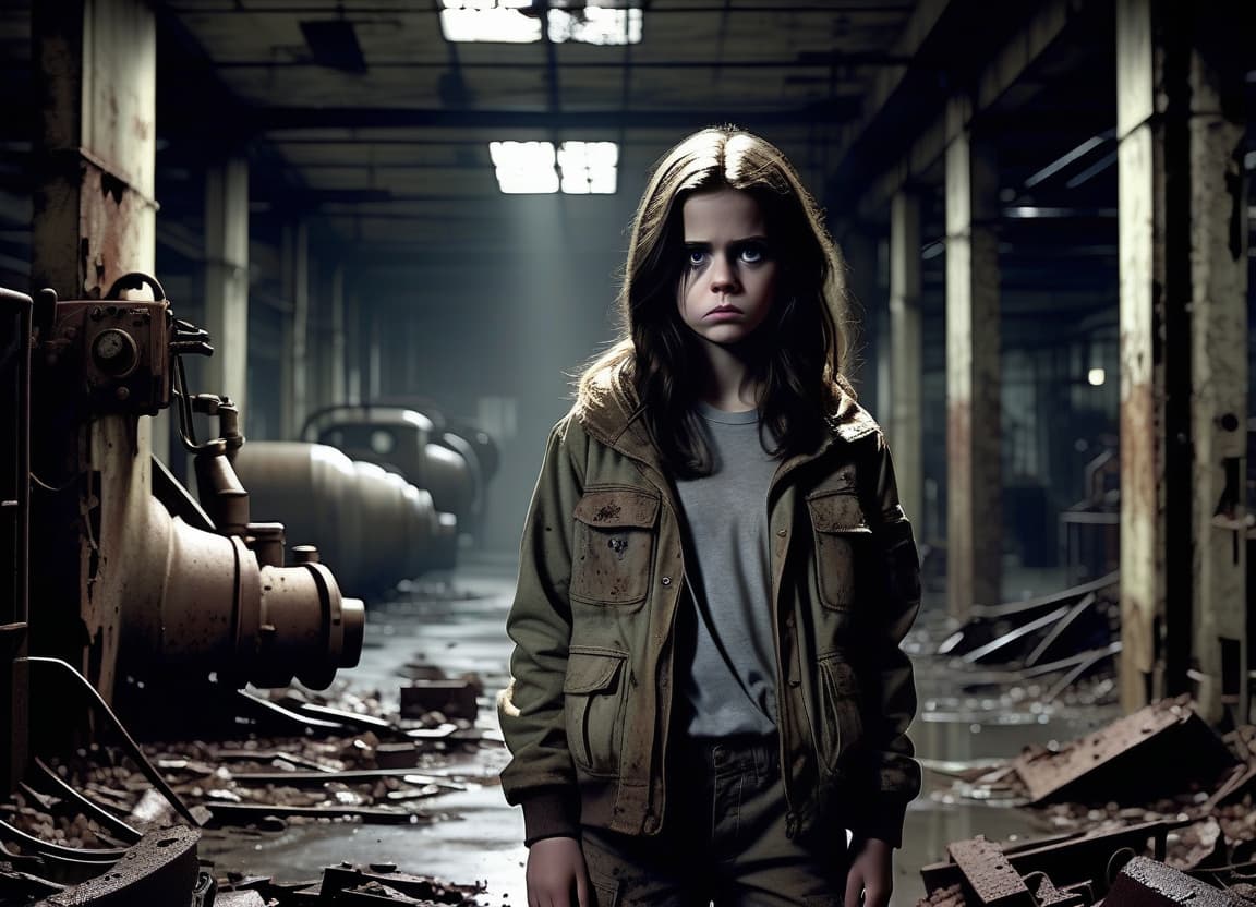  horror themed in a grim and neglected factory complex where time has stood still, a young brunette named natasha gently makes her way through rusty structures and debris from old equipment. she is dressed in camouflage that blends with gray walls, but her expressive eyes stand out against the backdrop of darkness. next to her is her faithful companion, a white dwarf spitz named mickey, who cautiously examines the surrounding space. the factory is abandoned, but there is something sinister. the dark corners of the corridors, the distorting light of the flashlight, the dripping water, create a tense atmosphere. . eerie, unsettling, dark, spooky, suspenseful, grim, highly detailed