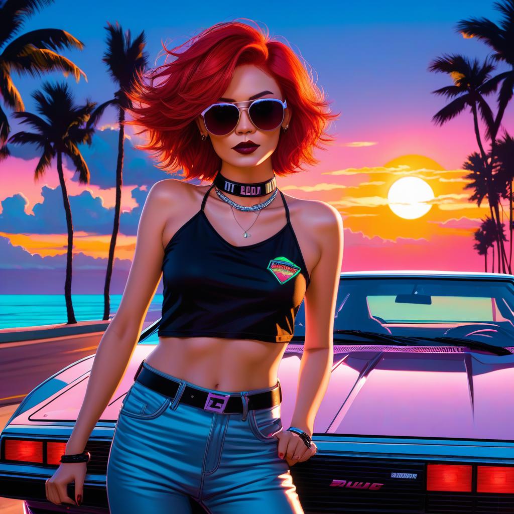  a woman with red hair, a short pixie haircut in sunglasses, a top top t shirt, with a choker around her neck, stands against a neon sunset in full height near a delorean dmc 12 car. seaside, palm shade. neon sunset. neon sign "neon cherry". digital photo. high detail. high realism.