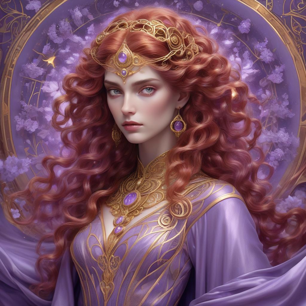  a sorceress of time, long crimson pre raphaelite style hair with curls forming fibonacci spirals, robed in a lavender gown that flows like liquid gold, intricate and luxurious, a vision of beauty that defies the ages. opalescent, pearlescent, prismatic, luminescent, zentangle, filigree, molten gold, masterpiece museum quality, by josephine y this portrait combines the mystique of ancient deities with the grace of modern aesthetics, inviting the viewer into a world where magic reigns supreme. chaos 40 ar 3:4 stylize 800, trending on artstation, sharp focus, studio photo, intricate details, highly detailed, by greg rutkowski