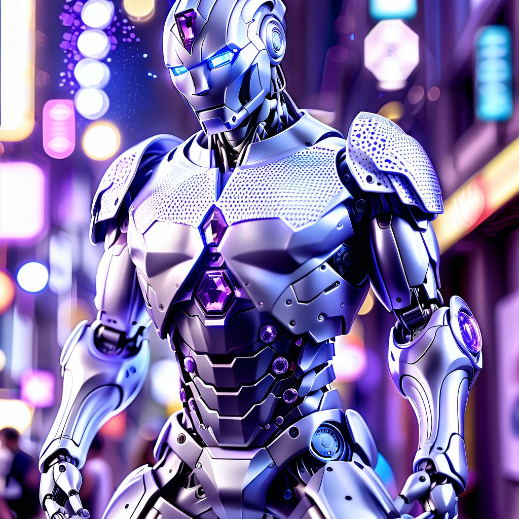  cinematic photo full length photo, gray robot man, blue shorts, white shirt, bright purple crystals on the back. . 35mm photograph, film, bokeh, professional, 4k, highly detailed, perfecteyes, hkmagic, glowneon