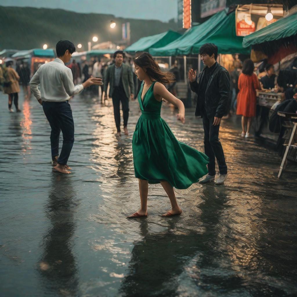  Masterpiece, best quality, masterpiece, 8k resolution, realistic, highly detailed, dark green seashore night market, men taking pictures of girls in dresses falling to the ground. Other requirements Sea water is dark green, passers-by are many, rainy day. Subject content: Modern wind, men taking pictures of girls falling to the ground.