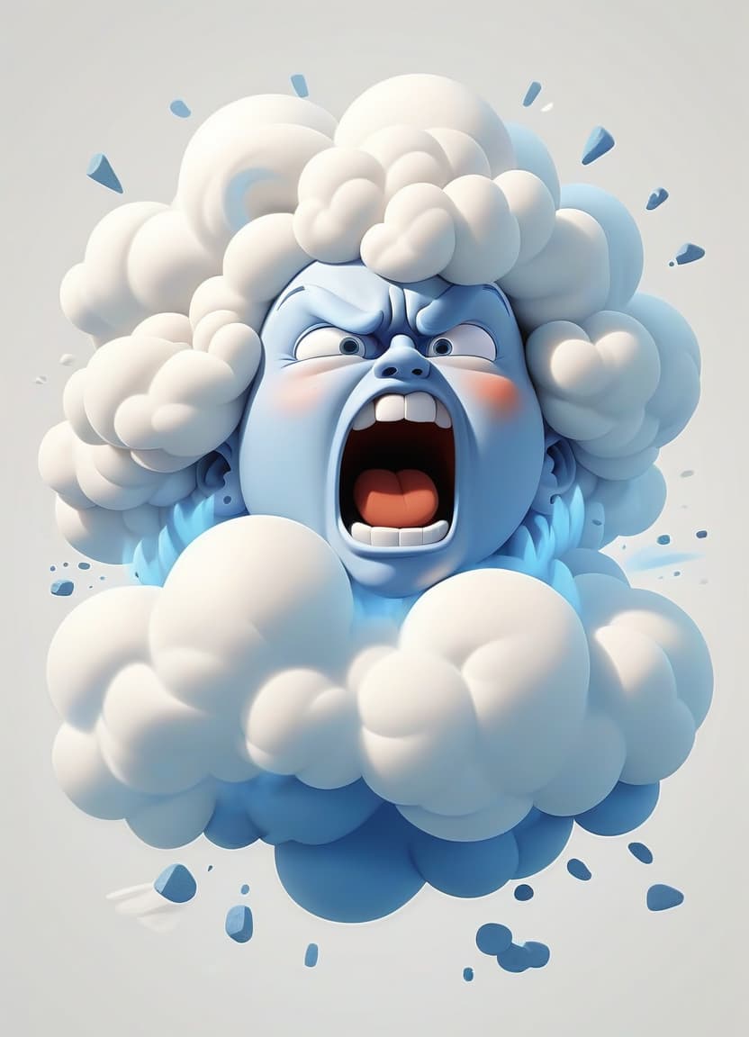  a cartoon cloud blows, blowing up your cheeks. the color of the cloud is blue and white. white background.