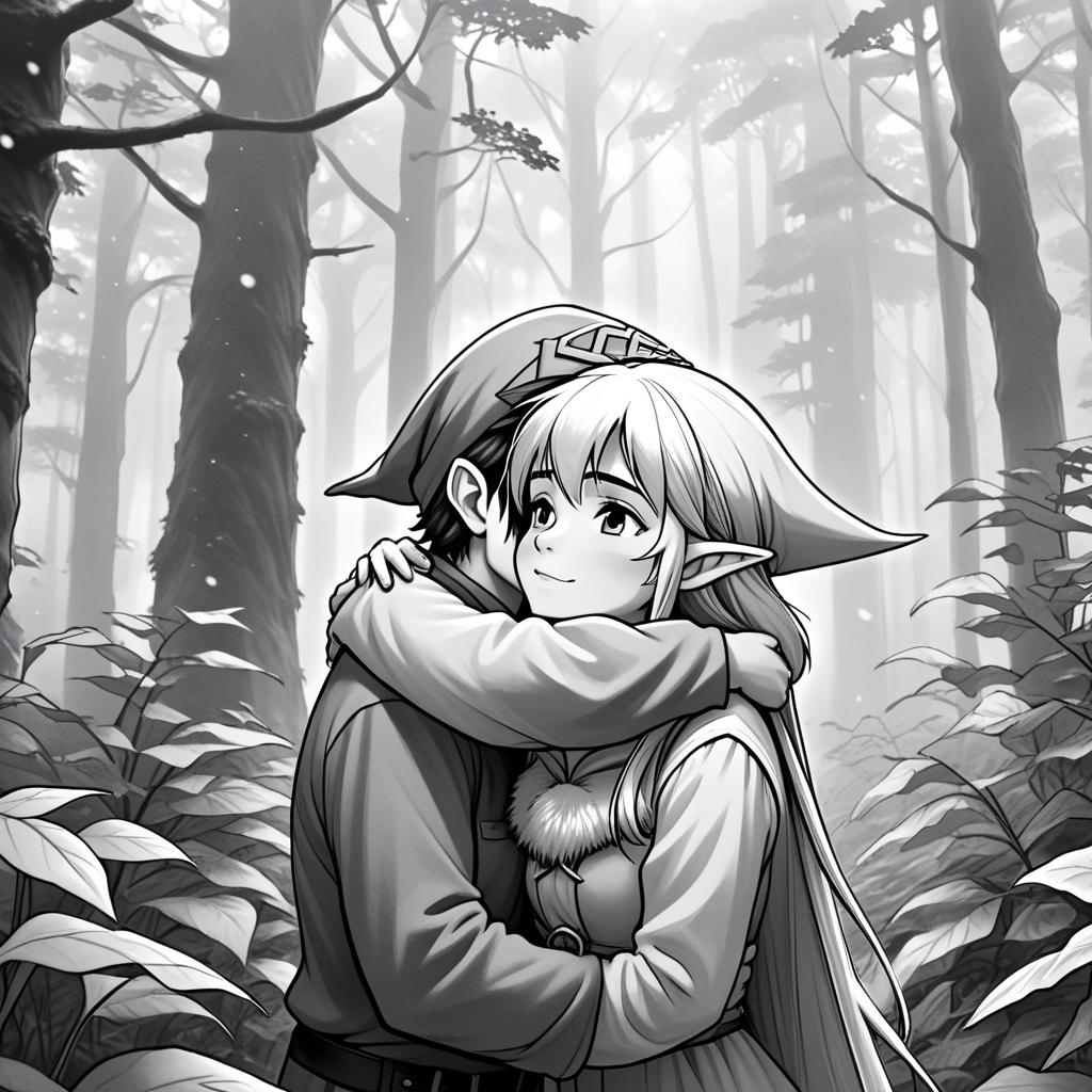  manga artwork fantasy, greyscale monochrome, manga materials, young female elf hugging elder gnome with conus hat in the middle of misty forest, frontal perspective, middle horison point. manga artist. manga, highly emotional. best quality, high resolution