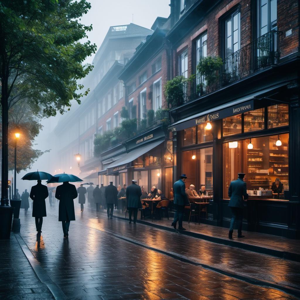  a realistic style image of a cafe bustling with people. one person is being served coffee while the barista makes another. windows are visible with a rainy day on a cobbled street outside. a couple of people walking by with black umbrellas. 8k, hdr. hyperrealistic, full body, detailed clothing, highly detailed, cinematic lighting, stunningly beautiful, intricate, sharp focus, f/1. 8, 85mm, (centered image composition), (professionally color graded), ((bright soft diffused light)), volumetric fog, trending on instagram, trending on tumblr, HDR 4K, 8K