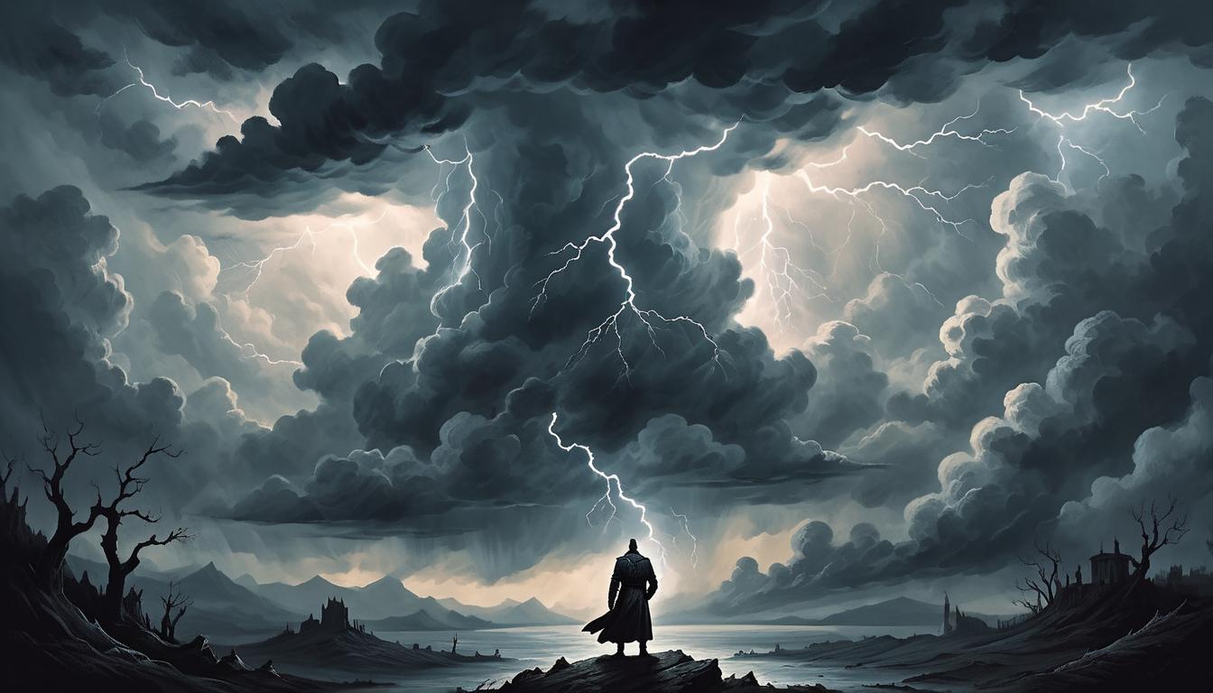  on parchment, surrealism+++, a solitary figure standing under a stormy sky, lightning illuminating their silhouette, background of dark, tumultuous clouds, sense of inevitability and revelation(mysterious, provocative, symbolic,muted color)+++