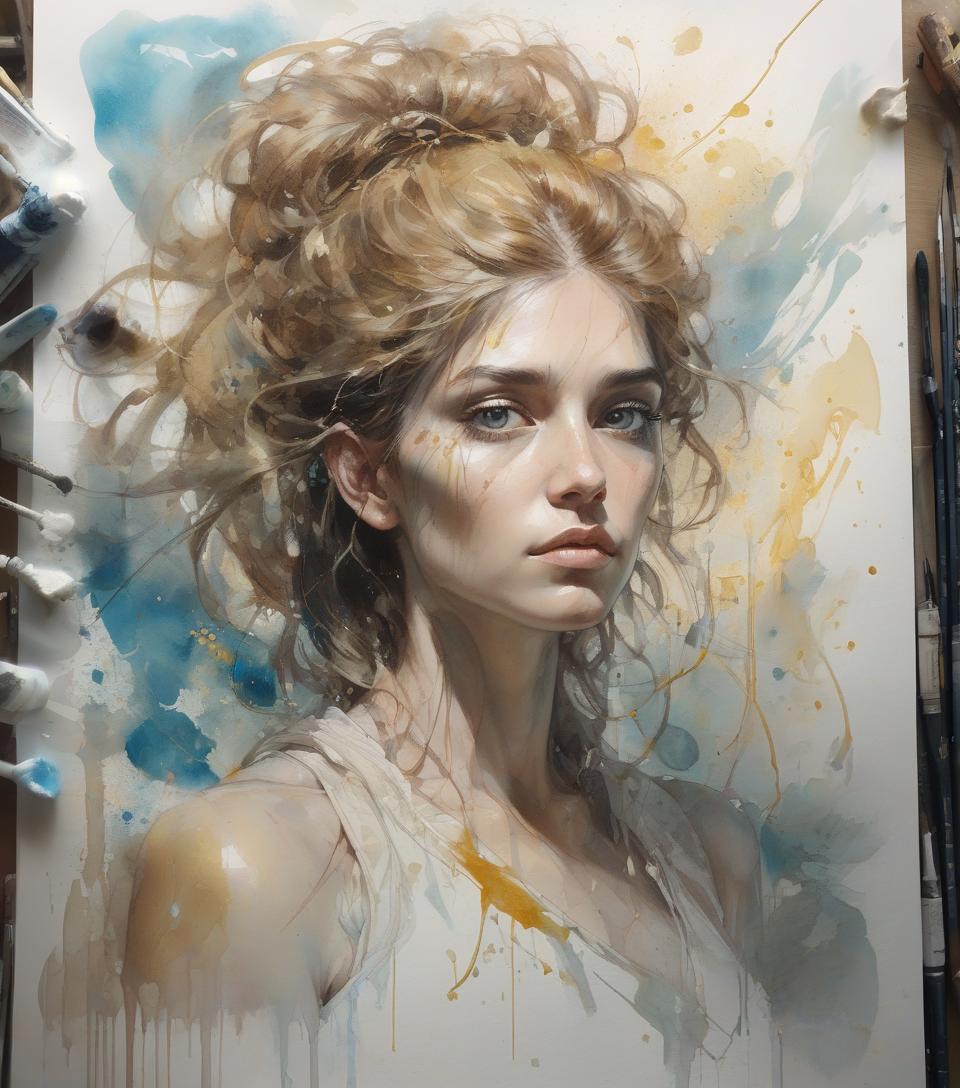  hyper realistic surreal and fantastic composition, perfect and dynamic watercolor, portrait of anna sawai, messy hair, gaze towards the viewer, bioluminescence, style jose royo, boris vallejo, carne griffiths, harrison fisher, brian froud and jeremy mann, decor epic, double exposure, different styles of steadman, hanuka, klimt, bell, hobbie, newton, greg rutkowski, atmospheric, hyperdetail, artstation trend, artgerm, deviant art, octane, masterpiece, complex art, complex details, painting matte movie poster, golden ratio, trending on cgsociety, incredibly detailed and incredibly beautiful