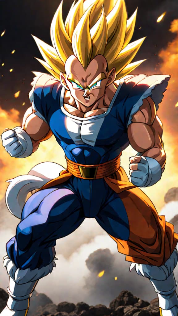  anime art of vegeta from dragon ball z hinting at his super saiyan transformation and limitless power. hyperrealistic, full body, detailed clothing, highly detailed, cinematic lighting, stunningly beautiful, intricate, sharp focus, f/1. 8, 85mm, (centered image composition), (professionally color graded), ((bright soft diffused light)), volumetric fog, trending on instagram, trending on tumblr, HDR 4K, 8K